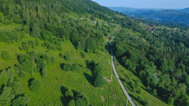 A winding road cuts through vibrant green hills, surrounded by dense forests and distant mountains. The peaceful countryside invites exploration under a clear blue sky.