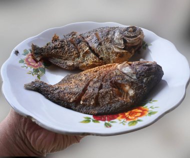 Kızarmış deniz ürünleri tabağa konur.