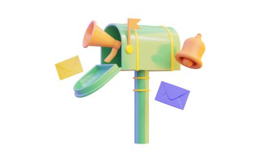 mail box sign with megaphone notification bell envelop on white background 3d render concept