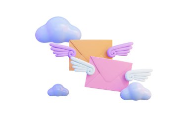 flying envelop sign with cloud on white background 3d render concept