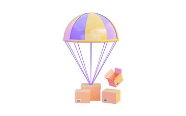 parachute icon with parcel box on white background 3d render concept for parcel delivery