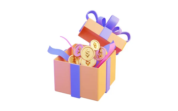银币礼品盒及白色背景上的彩信图标3D渲染货币奖品概念 — 图库照片