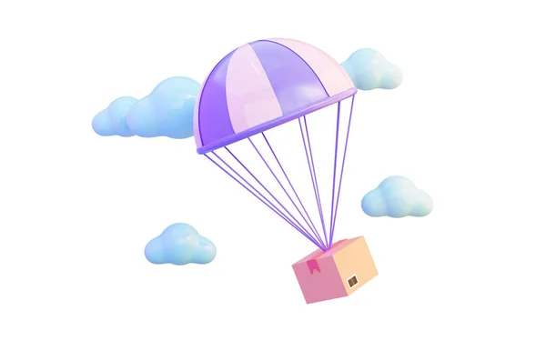 白色背景色下的降落伞 白色邮包 云彩图标 3D渲染概念 用于快速送货 — 图库照片