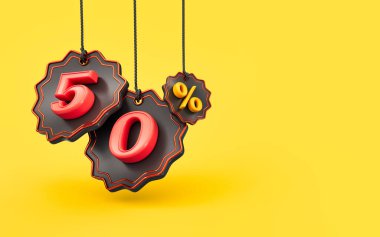 Alış veriş sarı arka planda% 50 indirim sunuyor. 3 boyutlu satış pankartı konsepti.