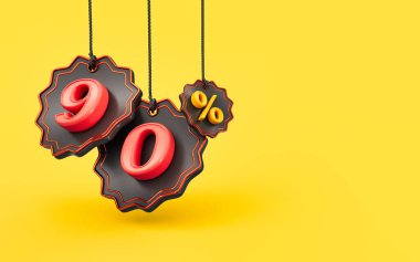 Alış veriş sarı arka planda% 90 indirim sunuyor. Satış afişi için 3D sunum kavramı