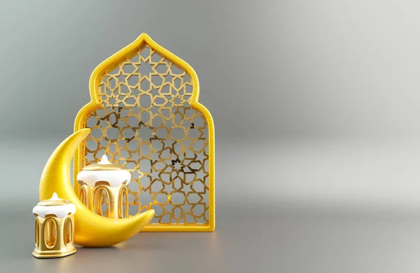 ラマダーン月と黄金の提灯3次元レンダリングのコンセプトを持つイスラムの扉ラマダーン カレーム フェスティバル — ストック写真