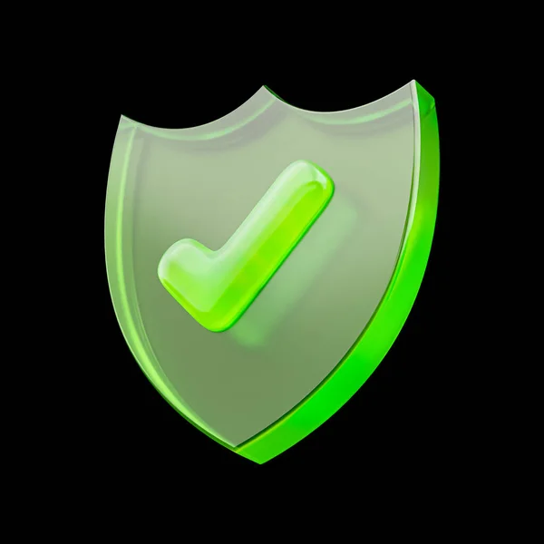Security Shield Check Mark Green Glass Effect Dark Background Render — Stock Photo, Image