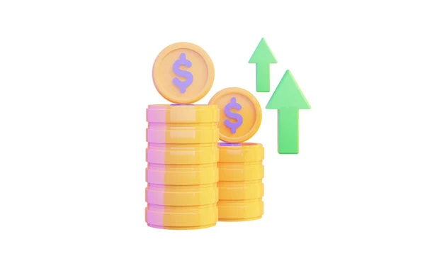 在白色背景上有向上箭头的美元硬币图标3D渲染金融增长的概念 — 图库照片