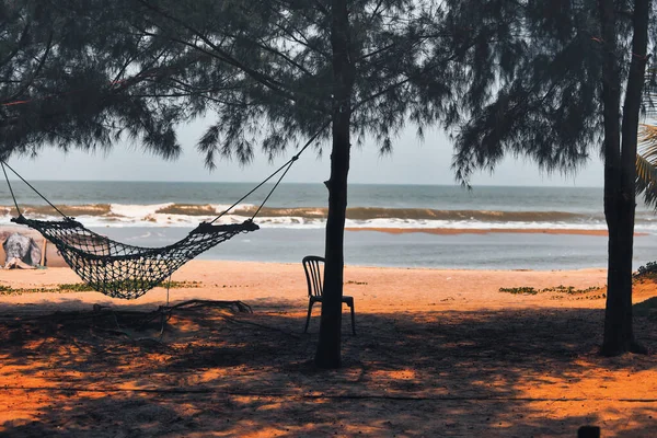 Een Hangmat Schaduw Onder Bomen Een Strand Aan Oceaan — Stockfoto