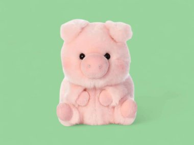 Tatlı pembe domuzcuk doldurulmuş oyuncak ve yeşil arka planda oturuyor.