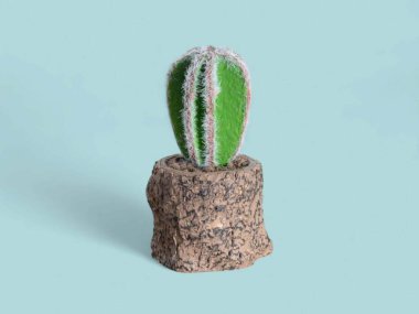 Tek Dekoratif Yeşil Kaktüs Mavi Arkaplanda Ağaç Kabuğu Tarzı Tenceresinde