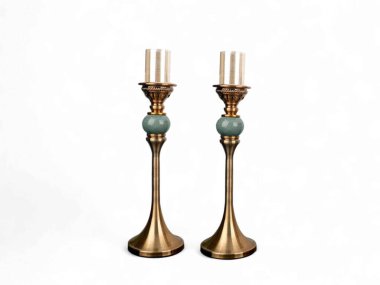 Antika Pirinç Mum Tutacağı Yeşil Seramik Aksanlı Dekoratif Çift