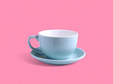 Pembe Arkaplanda Pastel Mavi Çay fincanı ve Tabağı