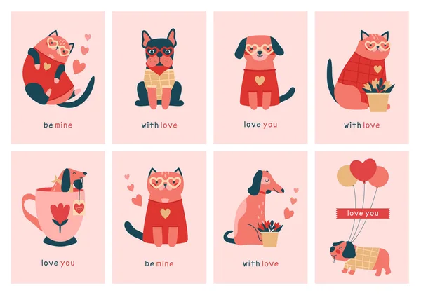 Conjunto Tarjetas San Valentín Dibujadas Mano Kawaii Cliparts Perros Gatos — Vector de stock