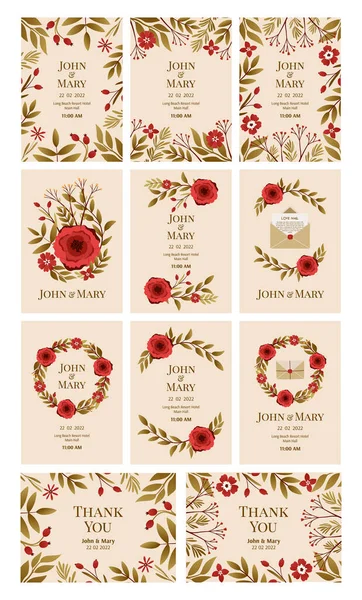 Set Wedding Ornament Invitation Elegant Decorative Floral Design Card Thank — Stockvektor