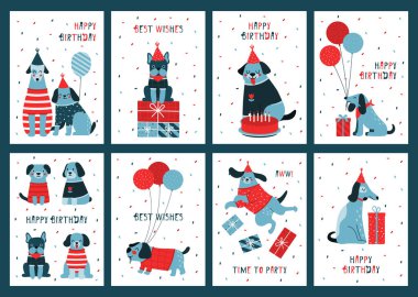 Farklı köpek, köpek yavruları, balonlar, hediyeler, parti şapkaları ve konfetilerle dolu şirin resimli doğum günü kartı koleksiyonu. Kartpostal, pankart, davetiye için evrensel düz vektör tasarımları.