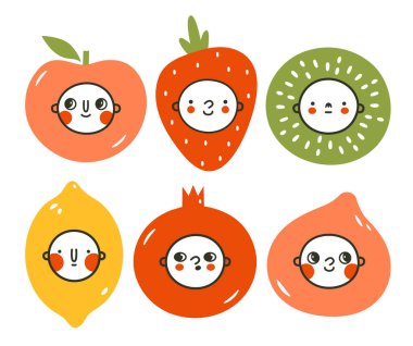 Meyve ve böğürtlenli küçük bebeklerin kawaii kafalarıyla dolu. Elmalı, limonlu, çilekli, kivili, incirli, narlı, yaratıcı bir koleksiyon. Logo, bebek partisi davetiyesi, çocuk kıyafetleri.