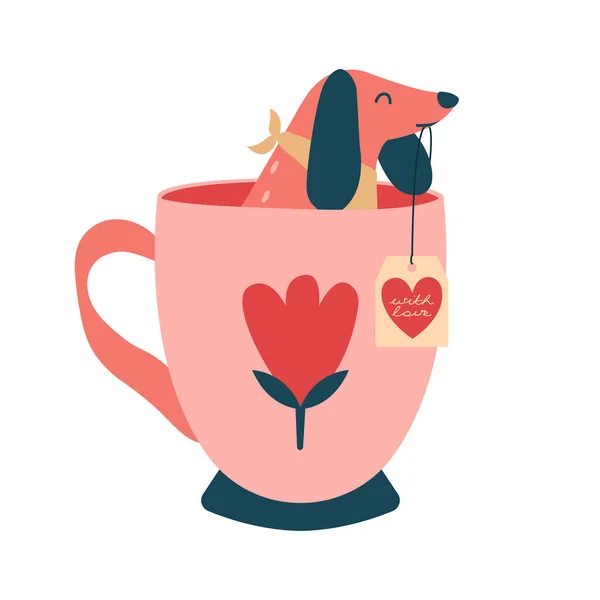 Valentine Day Illustration Cute Dog Sitting Tea Cup Label Love — Image vectorielle