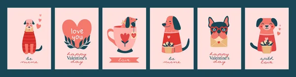 Tarjetas San Valentín Creativas Con Ilustraciones Lindas Diferentes Perros Cachorros — Vector de stock