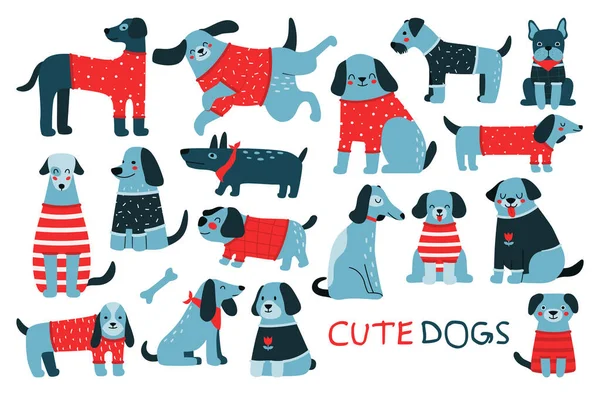 Collection Children Illustrations Cute Blue Dogs Winter Sweater Set Different — Image vectorielle
