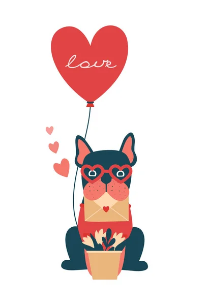 Cute French Bulldog Glasses Sitting Balloon Shape Heart Love Letter — Image vectorielle