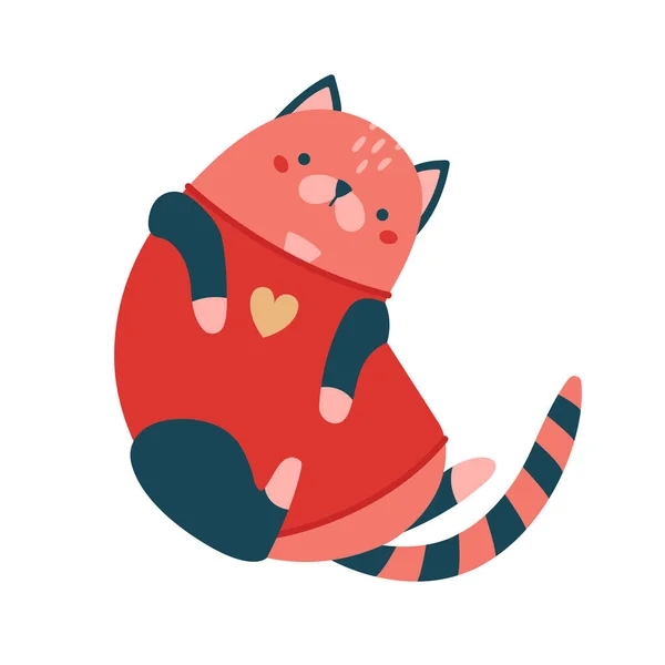 Creative Clipart Cute Cat Sweater Heart Flat Minimalist Style Kawaii — Image vectorielle