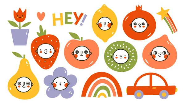 Cute Collection Kids Clip Art Baby Faces Kawaii Fruits Flowers — Image vectorielle