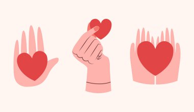 Ellerindeki kalplerin modern çizimleri. Şirin vektör düz bir şekilde tırmanıyor. Gönüllü olmak, destek olmak, hümanizm, hayırseverlik. Simge, etiket, pankart, kart, sevgililer günü tasarımı için.