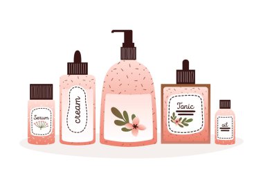 Yeşil bitkiler ve çiçeklerle cilt bakımı için doğal organik kozmetik ürünlerin toplanması. Güzellik rutini ayarlandı. Pazarlama, web sitesi, ürün, kart için düz çizimler.