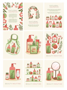 Damgalama, paketleme ve web sitesi için pankart şablonları. Doğal, organik kozmetik, spa, güzellik, kozmetik için. Kavanozların, tüplerin, şişelerin, çiçeklerin, yeşil bitkilerin, bitkilerin düz çizimleri.