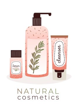 Yeşil bitkiler ve çiçeklerle cilt bakımı için doğal organik kozmetik ürünlerle pankart. Güzellik rutini ayarlandı. Pazarlama, web sitesi, ürün, kart için düz çizimler.