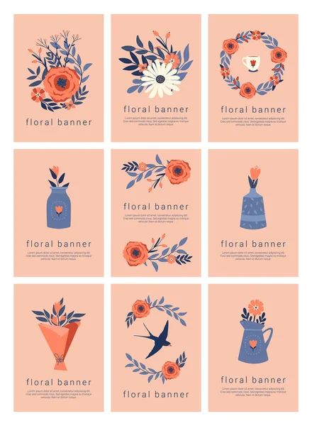 Collection Cute Floral Banner Templates Poster Card Invitation Flyer Cover — Stockvektor