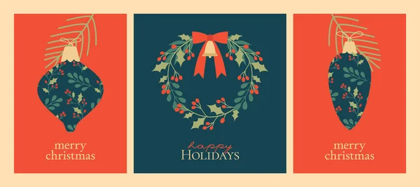 Christmas Card Templates Text Merry Christmas Happy Holidays Flat Illustrations — Stockvektor