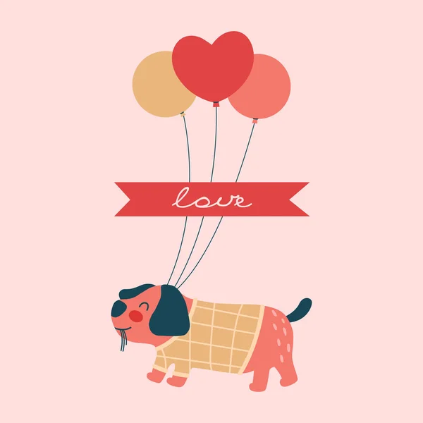 Illustration Cute Pink Dog Sweater Balloon Ribbon Text Love Vector — Image vectorielle