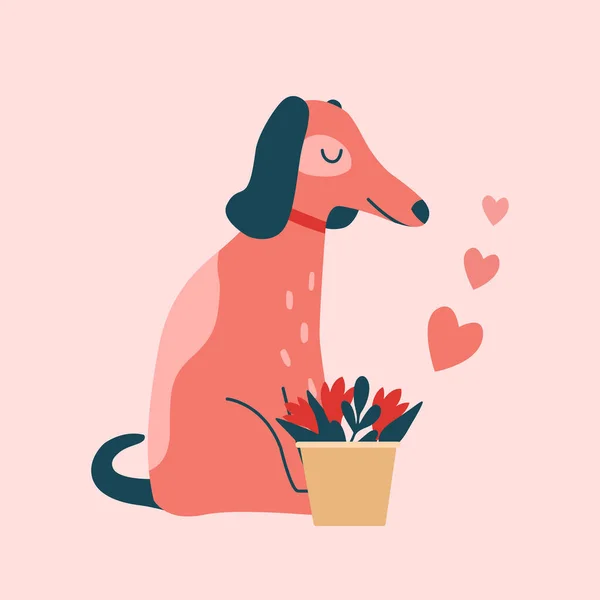Illustration Cute Pink Dog Bouquet Flowers Hearts Vector Flat Isolated — Image vectorielle