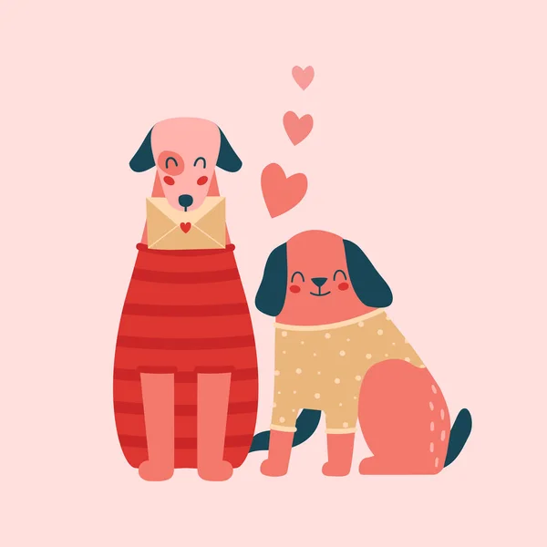Illustration Couple Cute Pink Dogs Sweater Love Mail Hearts Vector — Image vectorielle