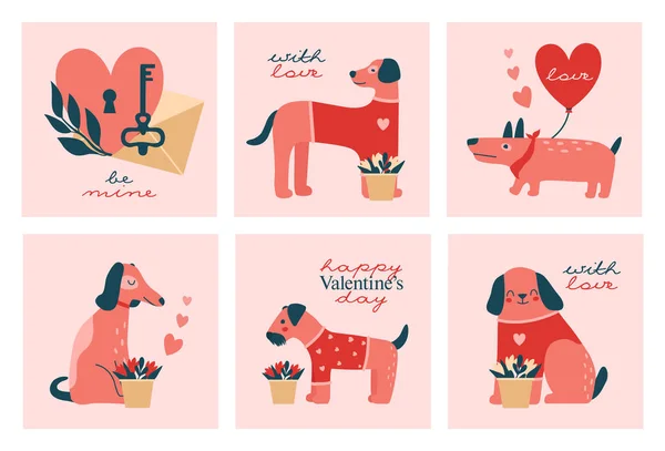 Creative Square Valentine Cards Template Cute Illustrations Different Dogs Puppies — Image vectorielle