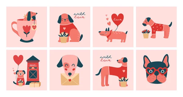 Tarjetas Cuadradas San Valentín Con Lindas Ilustraciones Perros Cachorros Sobres — Vector de stock