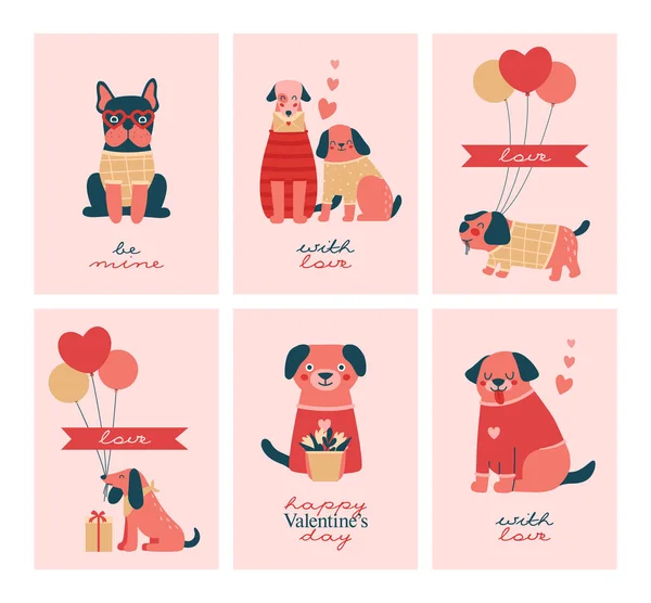 Valentine Day Minimalistic Cards Cute Illustrations Different Dogs Puppies Pets — Image vectorielle