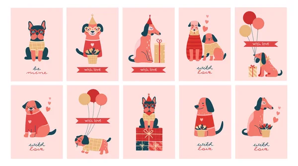 Tarjetas Felicitación Minimalistas Con Ilustraciones Lindas Diferentes Perros Cachorros Mascotas — Vector de stock