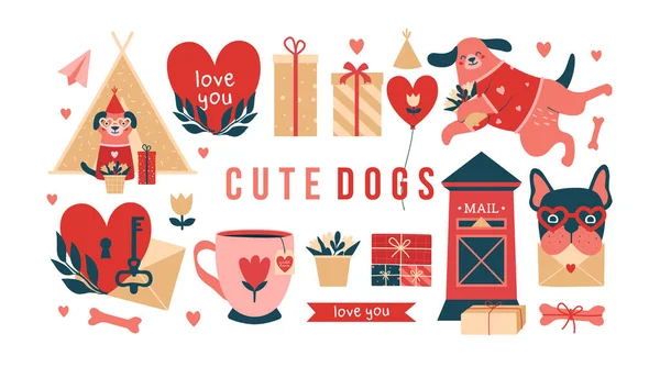 Valentine Day Illustrations Cartoon Romantic Style Cute Happy Dog Characters — Image vectorielle