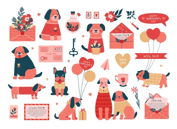 Collection Valentine Day Cute Illustrations Different Happy Dog Characters Puppies — Image vectorielle