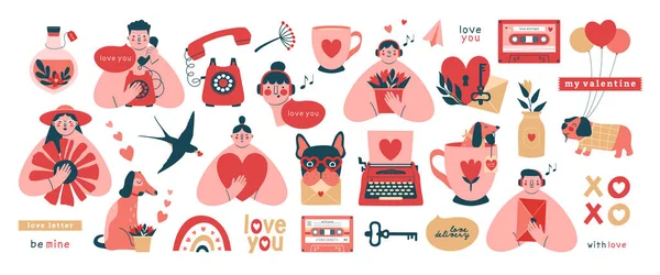 Grande Collezione Creativo San Valentino Clip Arts Cute Kawaii Illustrazioni — Vettoriale Stock