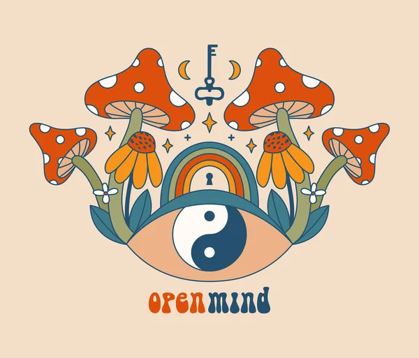 Modern Psychedelic Art Illustrations Eye Yin Yang Symbol Mushrooms Rainbow — Stockvektor