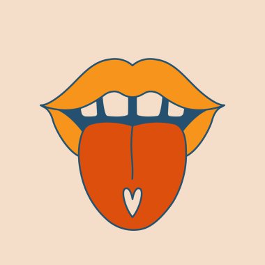 Open mouth with tongue sticking out and a heart shaped pill on it. Retro, psychedelic clip art with lips. Hippie groovy illustration in flat style. 60's, 70's concept for card, sticker, merch.