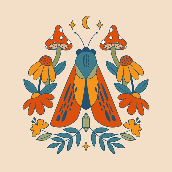 Modern Psychedelic Art Illustrations Moth Mushrooms Butterfly Moon Flowers Plants — Stockvektor