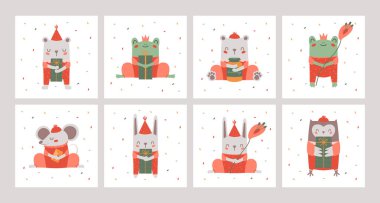 Collection square happy birthday card with cute vector illustrations of owl, mouse, toad, bear, rabbit with party hat, flower, gifts in paws. Children flat clip arts for invitation, banners, stickers