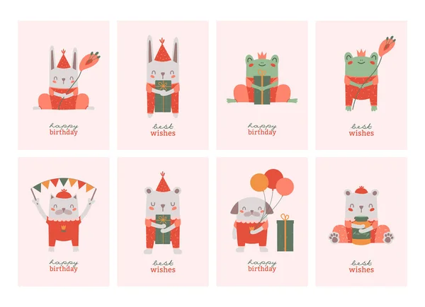 Gyűjtemény Boldog Születésnapot Kártya Aranyos Vektor Illusztrációk Kutya Macska Varangy — Stock Vector