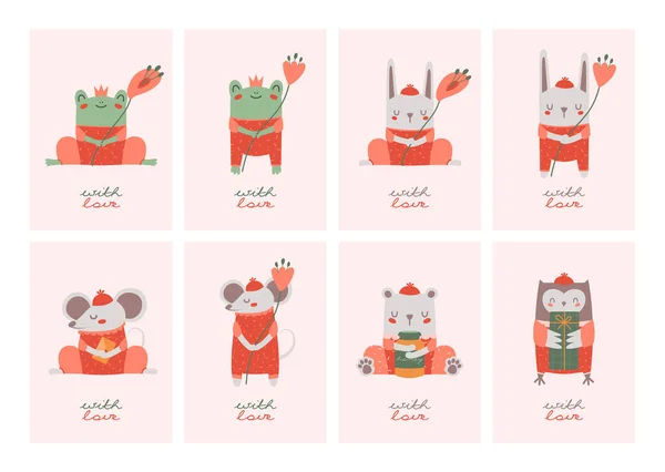 Set Greeting Card Cute Cartoon Illustrations Frog Bear Rabbit Owl — Stock Vector