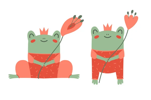 Hand Drawn Caertoon Illustration Cute Happy Frog Overalls Crown Flower — Image vectorielle